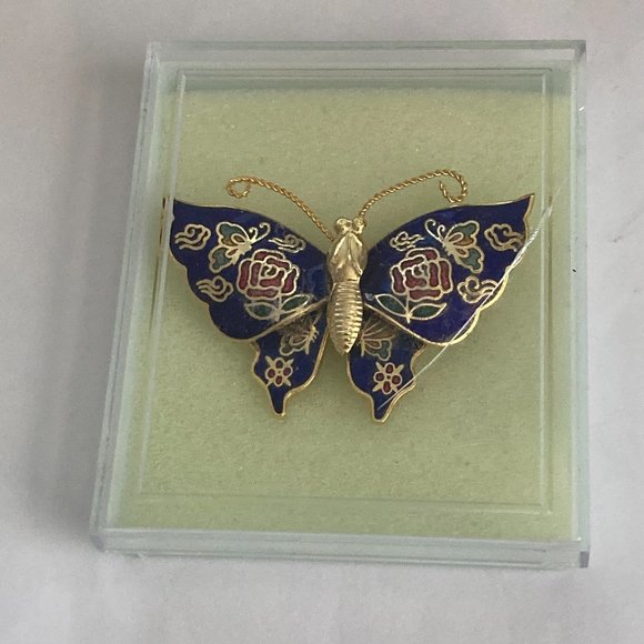 Vintage Cloisonne Butterfly Brooch Pin Flowers Blue Enamel Gold Plated Taiwan - Picture 11 of 12